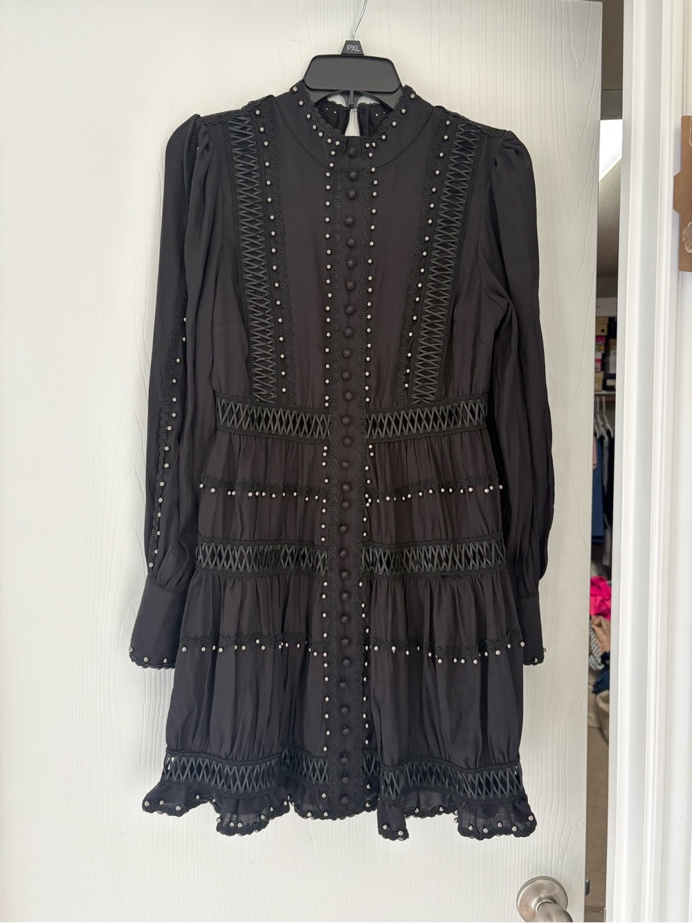 L'ATISTE Black Long-Sleeve Tiered Mini Dress with Stud Details